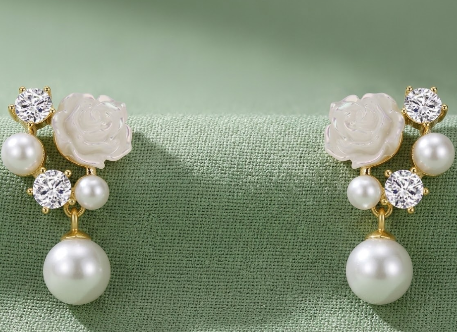 Minimalist Floral Pearl Drop Earrings – Elegant Crystal Flower Earrings for Women – Elegant Everyday Jewelry for Women