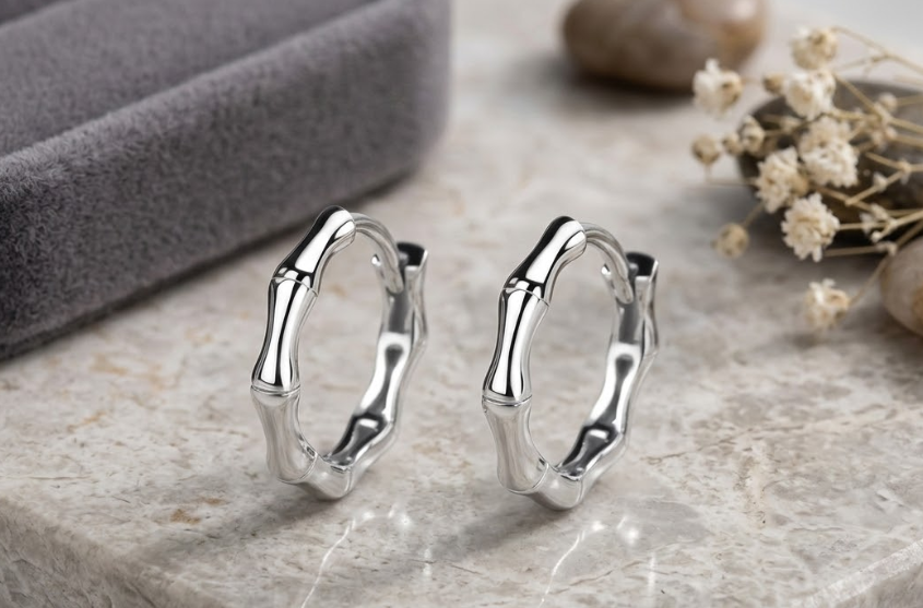 Minimalist Minimalist Bamboo Style Hoop Earrings – Small Silver Huggie Earrings – Elegant Everyday Jewelry for Women