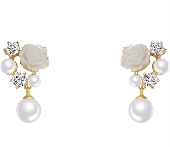 Minimalist Floral Pearl Drop Earrings – Elegant Crystal Flower Earrings for Women – Elegant Everyday Jewelry for Women